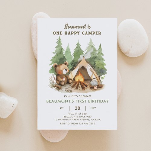 One Happy Camper Bear Birthday Invitation 1