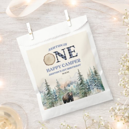 ONE Happy Camper Bear Blue 1st Birthday Party Favor Bag