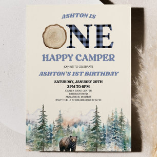 ONE Happy Camper Bear Blue 1st Birthday Party Invitation