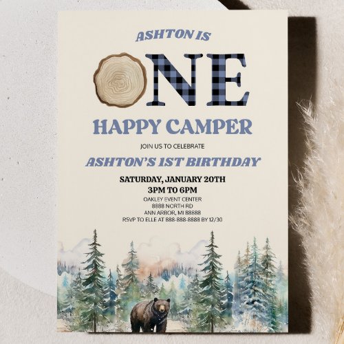 ONE Happy Camper Bear Blue 1st Birthday Party Invitation