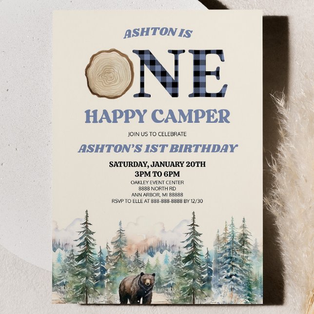 ONE Happy Camper Bear Blue 1st Birthday Party Invitation (Creator Uploaded)