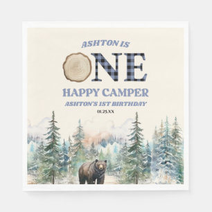 ONE Happy Camper Bear Blue 1st Birthday Party Napkins