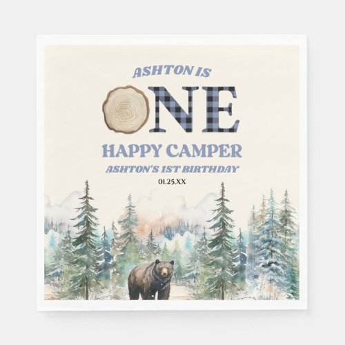 ONE Happy Camper Bear Blue 1st Birthday Party Napkins