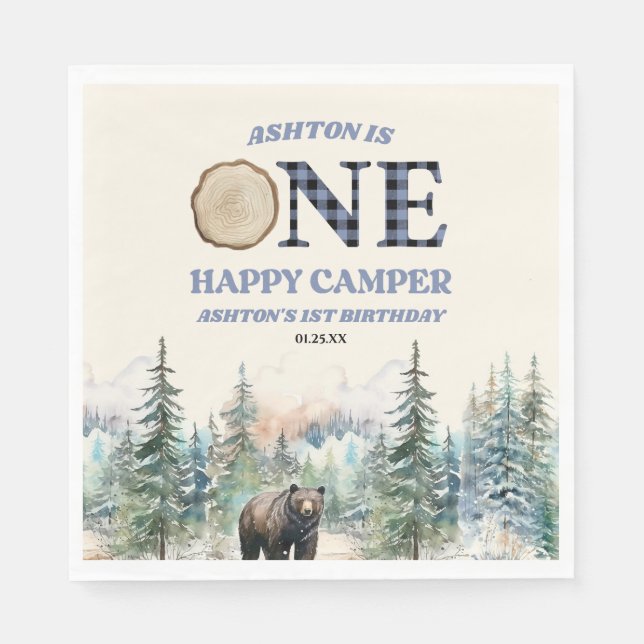 ONE Happy Camper Bear Blue 1st Birthday Party Napkins (Front)