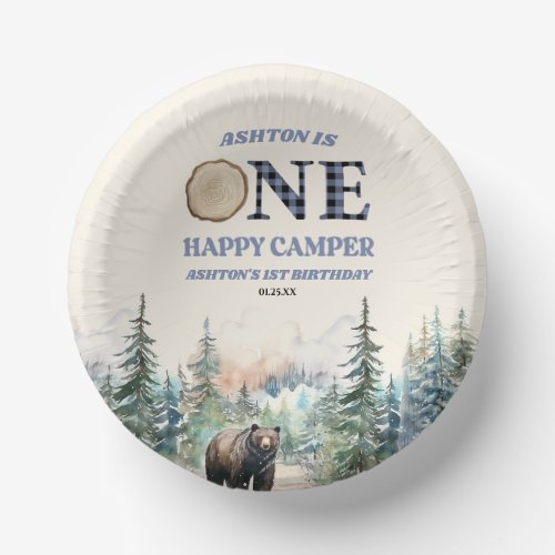 ONE Happy Camper Bear Blue 1st Birthday Party Paper Bowls