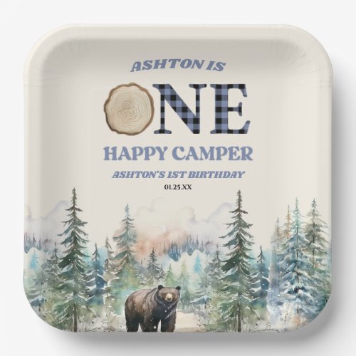 ONE Happy Camper Bear Blue 1st Birthday Party Paper Plates