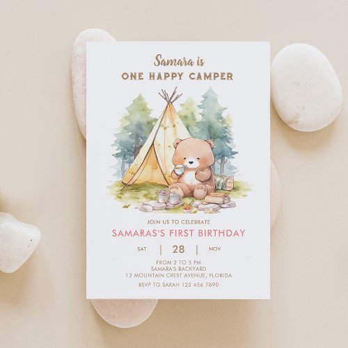 One Happy Camper Bear Girl Birthday Invitation 