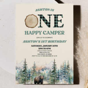 ONE Happy Camper Bear Green 1st Birthday Party Invitation