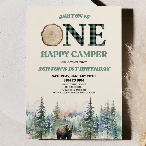 ONE Happy Camper Bear Green 1st Birthday Party Invitation