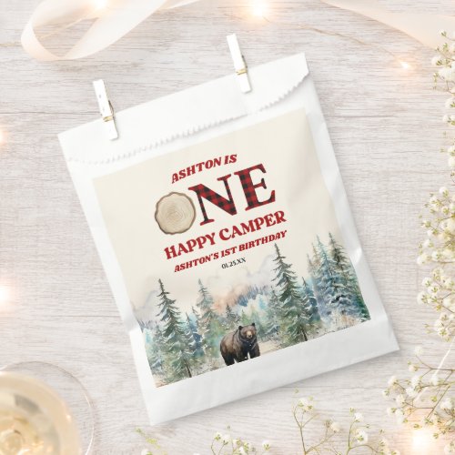 ONE Happy Camper Bear Red 1st Birthday Party Favor Bag