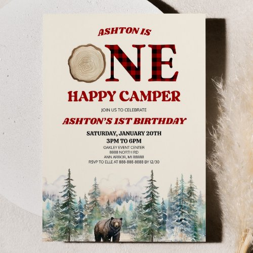 ONE Happy Camper Bear Red 1st Birthday Party Invitation