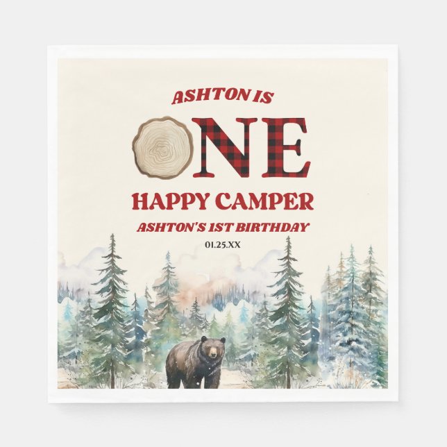 ONE Happy Camper Bear Red 1st Birthday Party Napkins (Front)