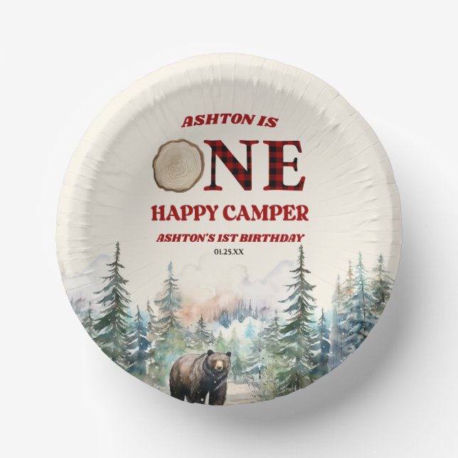 ONE Happy Camper Bear Red 1st Birthday Party Paper Bowls (Front)
