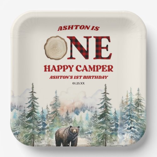 ONE Happy Camper Bear Red 1st Birthday Party Paper Plates