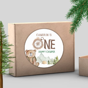 One Happy Camper Bear Woodland 1st Birthday Classic Round Sticker