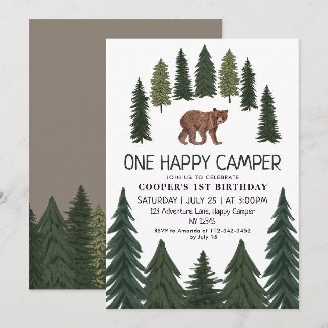 One Happy Camper Bear Woodland 1st Birthday  Invitation (Front/Back)