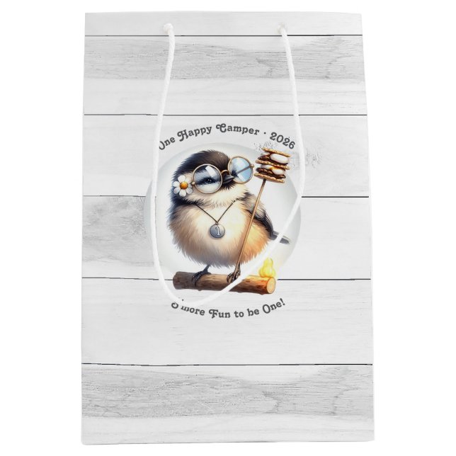One Happy Camper Bird | Rustic Camping Birthday Medium Gift Bag (Front)