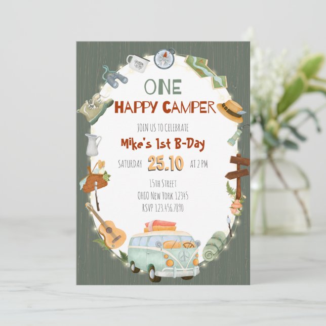 One Happy Camper Birthday Invitation Card (Standing Front)
