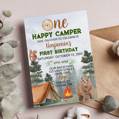 One Happy Camper Birthday Invitation Woodland Bear