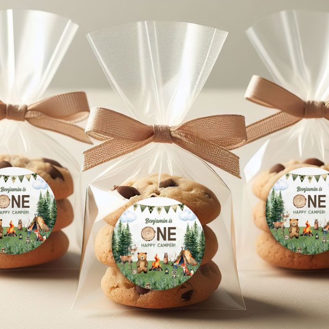 One Happy Camper Birthday Party Classic Round Sticker (One Happy Camper Birthday Party Classic Round Sticker
)