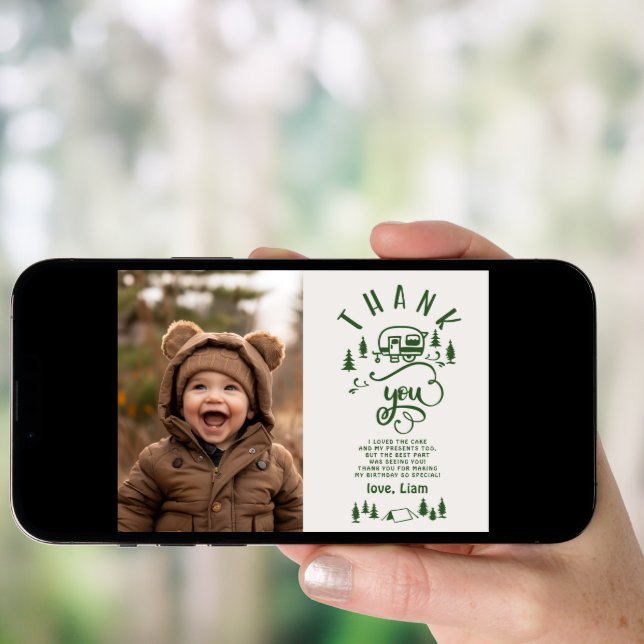 One Happy Camper Birthday photo thank you card (Front Digital)