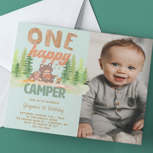 One Happy Camper Boy Photo 1st Birthday Invitation