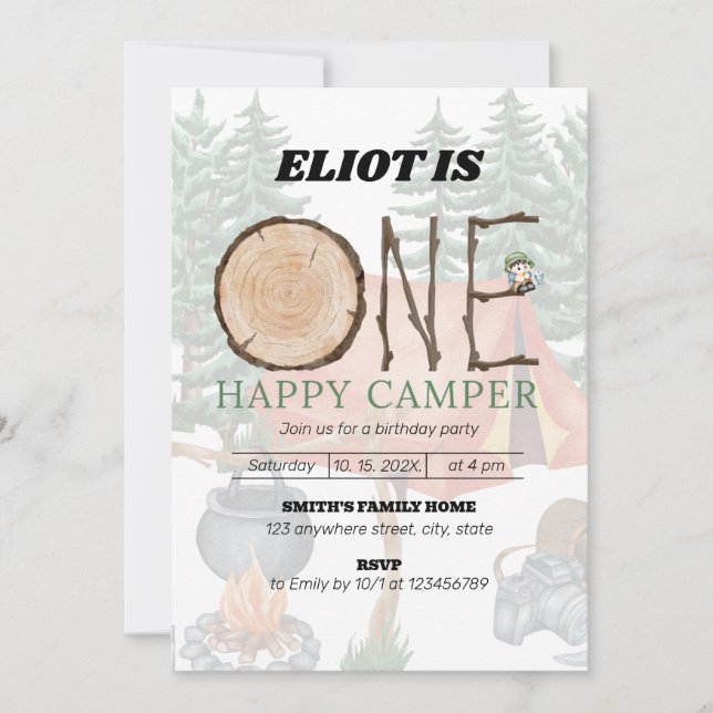 One Happy Camper Boy's 1st Birthday Invitation (Front)