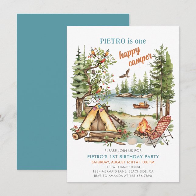One Happy Camper Boys 1st Birthday Invitation (Front/Back)