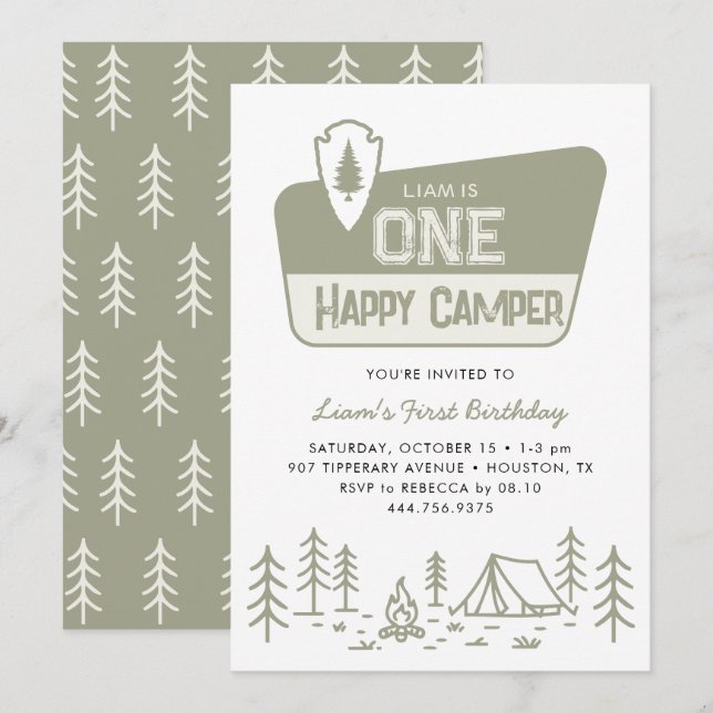 One Happy Camper Boys 1st Camping Forest Birthday Invitation (Front/Back)
