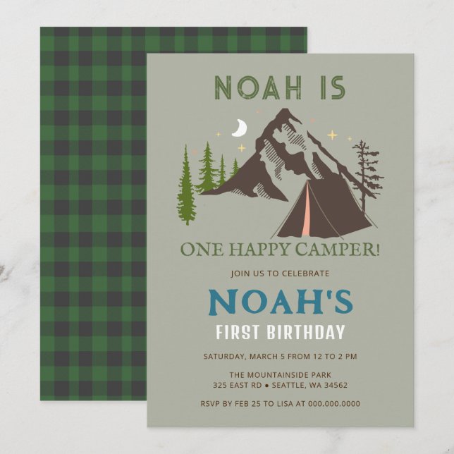 One Happy Camper Boys First Birthday Invitation (Front/Back)