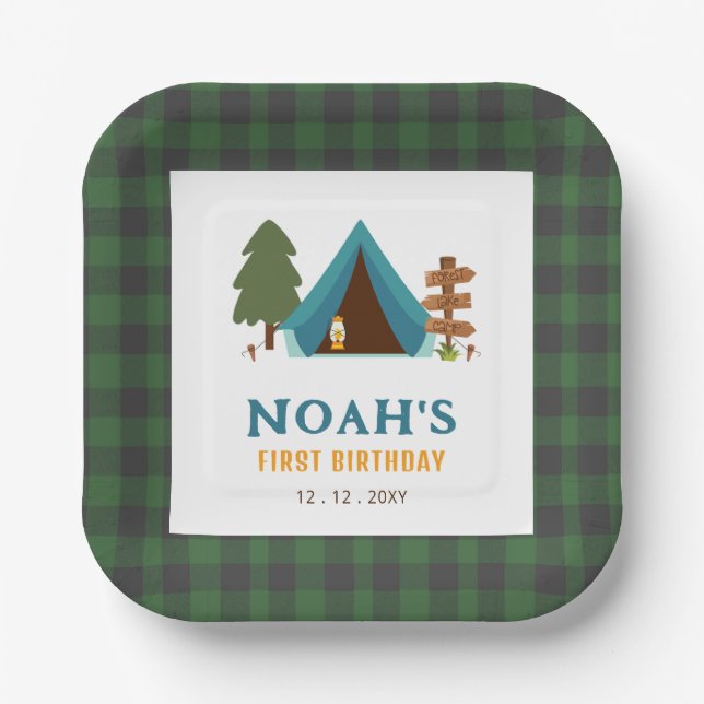 One Happy Camper Boys First Birthday Paper Plates (Front)