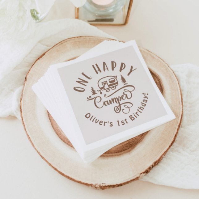 One Happy Camper brown minimalist 1st birthday Napkins (Creator Uploaded)