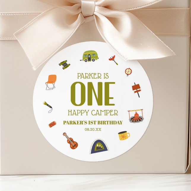 One Happy Camper Camping 1st First Birthday Party Classic Round Sticker (Creator Uploaded)