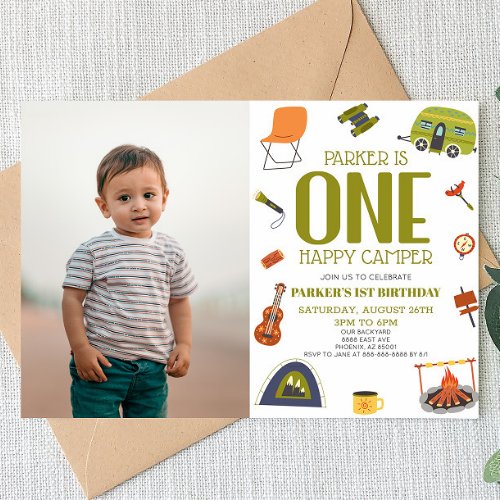 One Happy Camper Camping 1st First Birthday Party Invitation