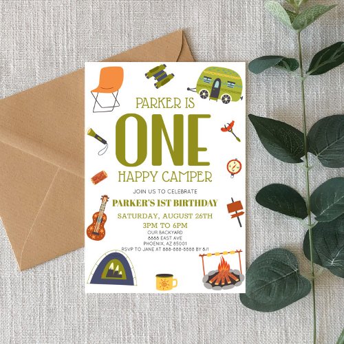 One Happy Camper Camping 1st First Birthday Party Invitation