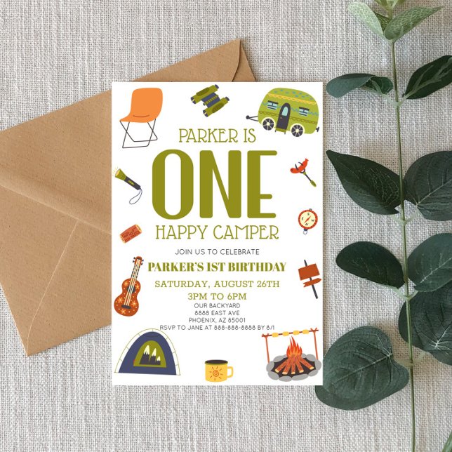 One Happy Camper Camping 1st First Birthday Party Invitation (Creator Uploaded)