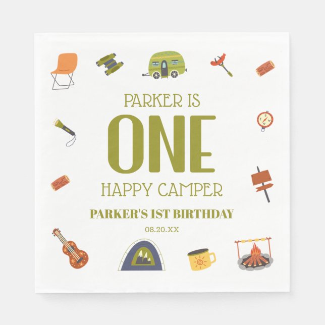 One Happy Camper Camping 1st First Birthday Party Napkins (Front)