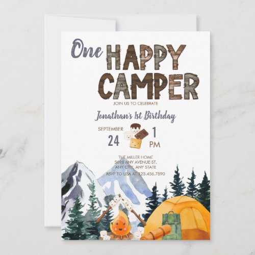 One Happy Camper  Camping Birthday Invitation