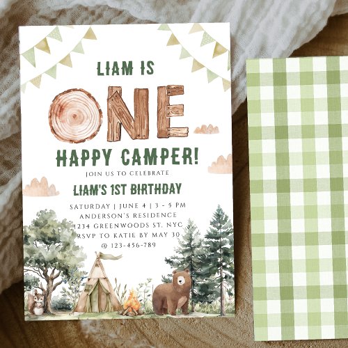 One Happy Camper Camping Boy 1st Birthday Invitation