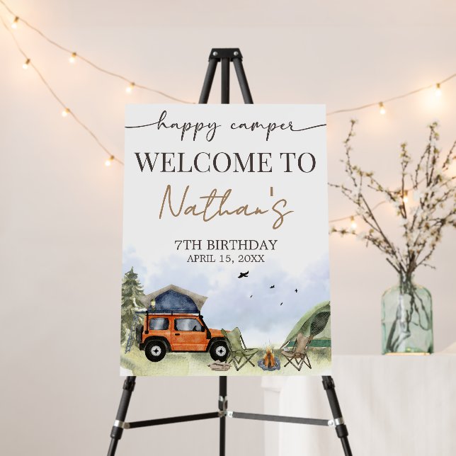 One Happy Camper Camping Boy Birthday Welcome Sign (In Situ (Stand))
