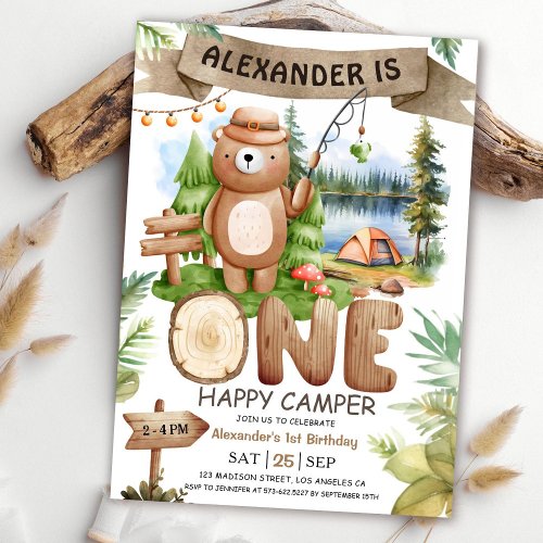 ONE Happy Camper Camping Boys 1st Birthday Party Invitation