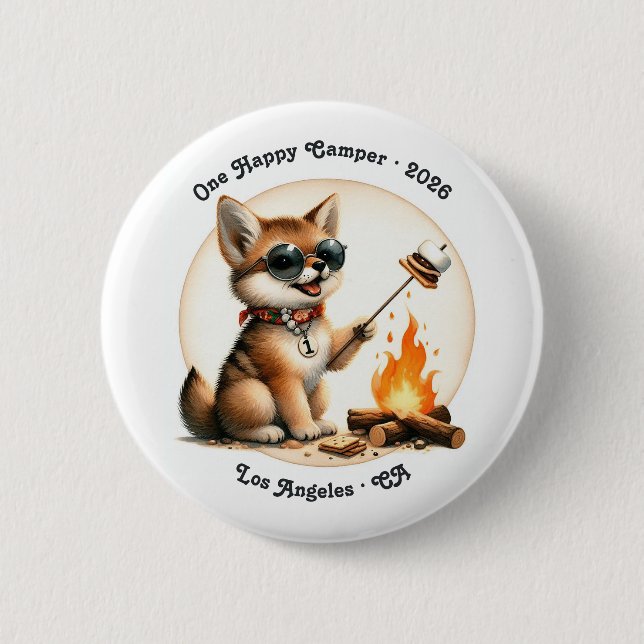 One Happy Camper Coyote Camping 1st Birthday Button (Front)