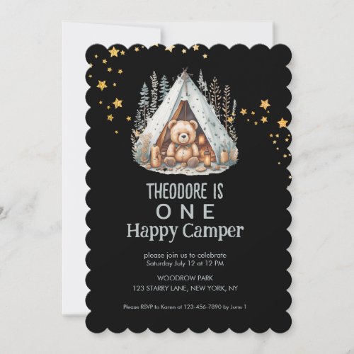 One Happy Camper Cute Celestial Bear Birthday  Invitation