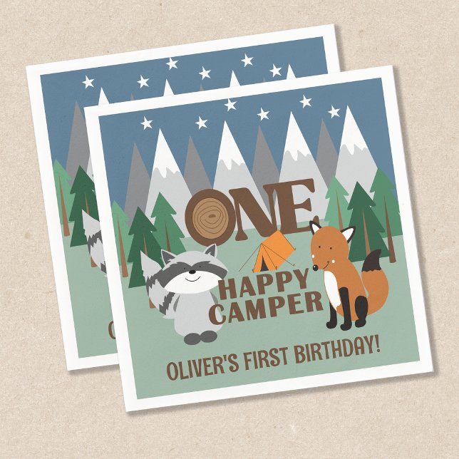 One Happy Camper Cute Woodland Animals Favor  Napkins (ONE Happy Camper 1st Birthday Napkins - customizable )