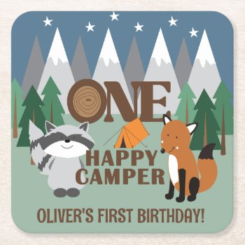 One Happy Camper Cute Woodland Animals Favor  Square Paper Coaster by allpetscherished at Zazzle