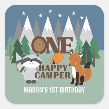 One Happy Camper Cute Woodland Animals Favor  Square Sticker by allpetscherished at Zazzle