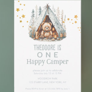 One Happy Camper Cute Woodland Bear Birthday Invit Invitation