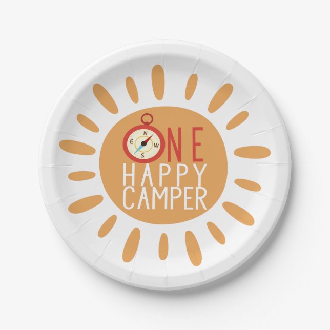 One Happy Camper First Birthday Camping Sun Party Paper Plates (Front)