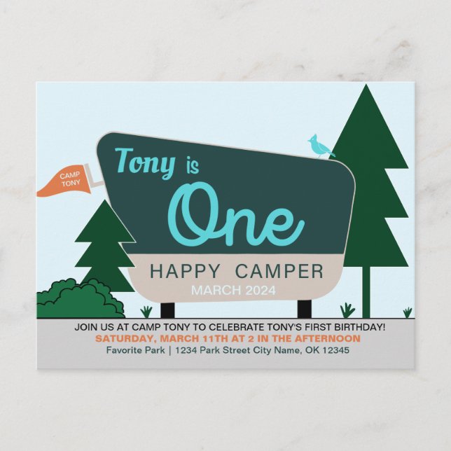 ONE HAPPY CAMPER - First Birthday Invitation Postcard (Front)