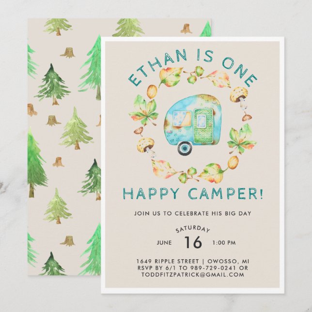 One Happy Camper First Birthday Party Invitation (Front/Back)